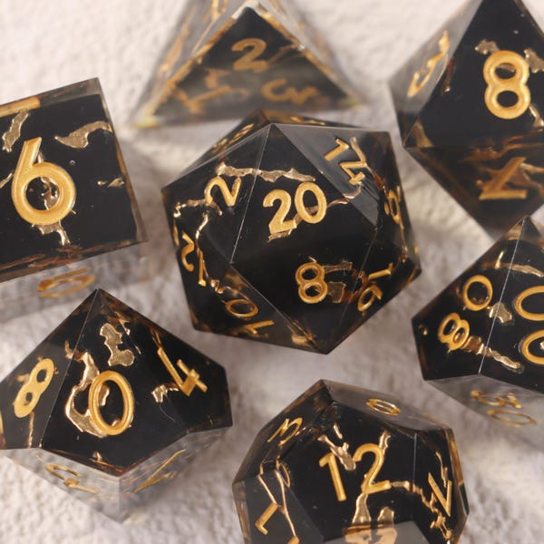 Black GoldLeaf D&D Würfelset, Resin Würfel, Für Rollenspiele, Sharp Edge Würfel, DND Geschenk, D6, D20,D&D Würfel D20 für Rollenspiele