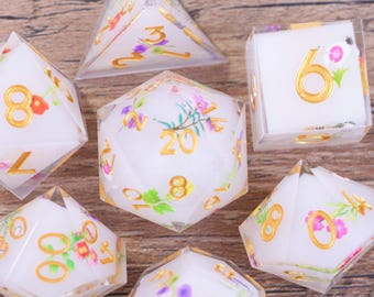 Floral Dnd Dice Set, For Role Playing Games, Resin Dice, Sharp Edge Dice, D6, D20, DND Gift
