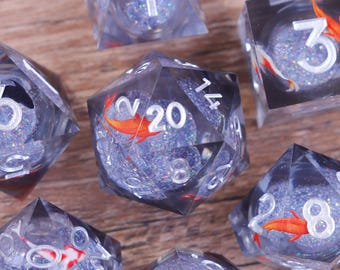 Koi Fantasy Resin Dice Set, Glittering White Liquid Core Dice for RPGs, Christmas Gifts, Liquid Core Dice Set for Dungeons and Dragons