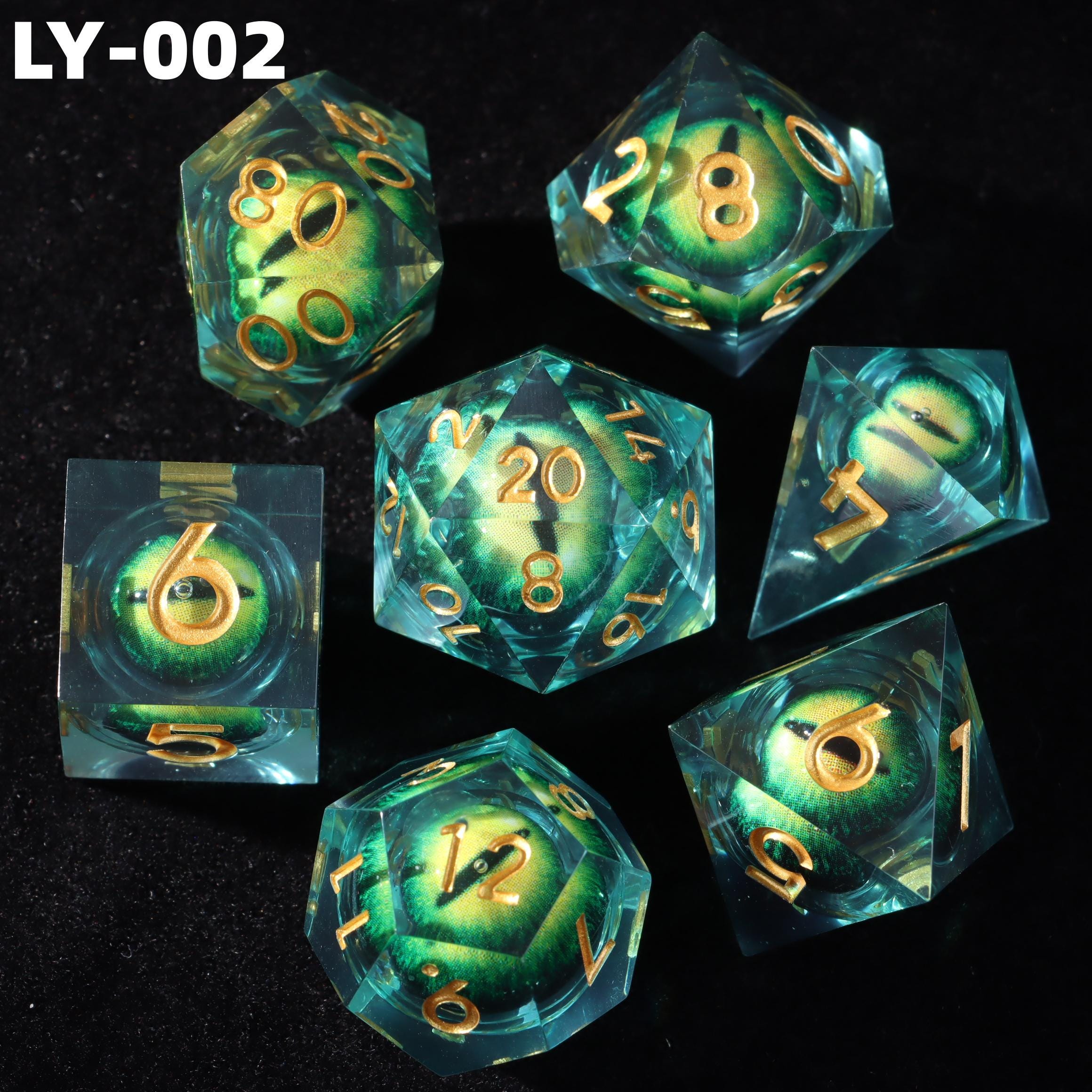 Set De Dés D&D Dragon Eye En Résine – 7 Pièces, Bords Tranchants, Vert Foncé, Avec Pochette