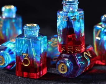 Red Blue 7 Potion Dice Set, for RPG tabletop Games, like Dungeons and Dragons, D6 D20 Alchemist Bottle