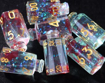 7 Potion Dice Set, for RPG tabletop Games, like Dungeons and Dragons, D6 D20 Alchemist Bottle