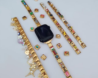 Gold Italian Charm Bracelet Apple Watch Bands, Custom Apple Watch Bands Charms, Metal Apple Watch Bands & straps, Extra 45% discount