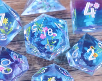 Floral Dnd Dice Set, For Role Playing Games, Resin Dice, Sharp Edge Dice, D6, D20, DND Gift