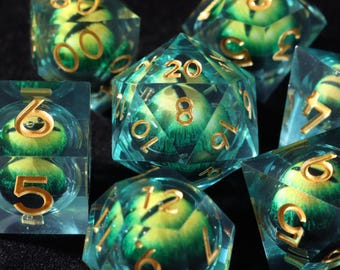 Green Dragon Eye-tärningar, handgjorda tärningar med skarp kant och harts för DnD, RPG, bordsspel, DND-spelarens gåva, D20-tärningsset, flytande kärntärningsset