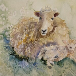 Watercolour and collage ewe with lamb