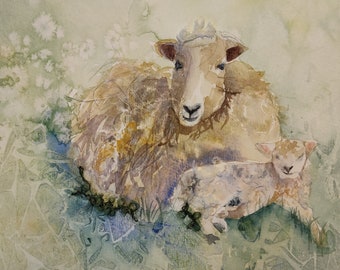 Watercolour and collage ewe with lamb