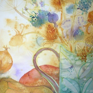 Original watercolour painting by Shari Hills. Autumnal still life.