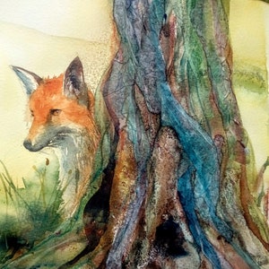 Peeking Fox watercolour