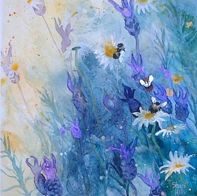 Original Watercolour Painting by Shari Hills. Bees and Lavender. Etsy UK