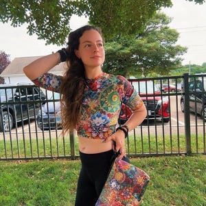 Printed Women’s Crop-Top Original “Captivated” Artwork Long Sleeved Women’s Crop Top Shirt for Athleisure