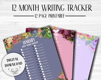 Monthly Florals Word Count Printable | Word Tracker for Writers | Monthly Author Planner | Instant Download | NaNoWriMo Counter