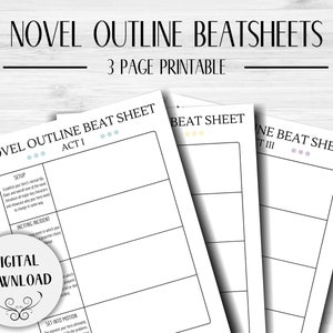 3 Page Novel Outline Beat Sheets | Writing Template | NaNoWriMo | Novel Outline | Writing Printable