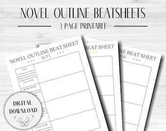 3 Page Novel Outline Beat Sheets | Writing Template | NaNoWriMo | Novel Outline | Writing Printable