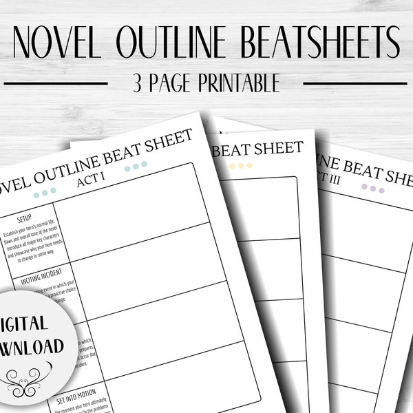 3 Page Novel Outline Beat Sheets | Schreibvorlage | NaNoWriMo | Roman Umriss | Schriftzug Printable