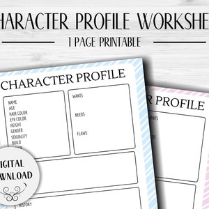 1 Page Character Profile Worksheet | Writing Template | NaNoWriMo | Character Outline | Writing Printable | Character Bio