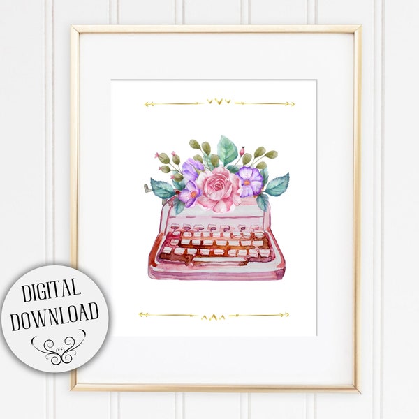 Pink Typewriter | Typewriter Print | Novelist Decor | Library Art | Digital Download | Printable Art | Office Decor