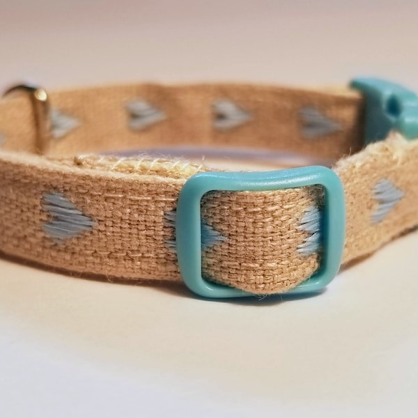 Natural Baby Blue Organic cotton and hemp Hearts Kitty Cat Collar boutique unique handmade breakaway safety release collar