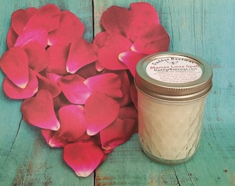 Mamaz Love Spell: Scented All Natural Air Purifying Beeswax Coco Creme Candle With a Wood Wick in a 8oz Jar