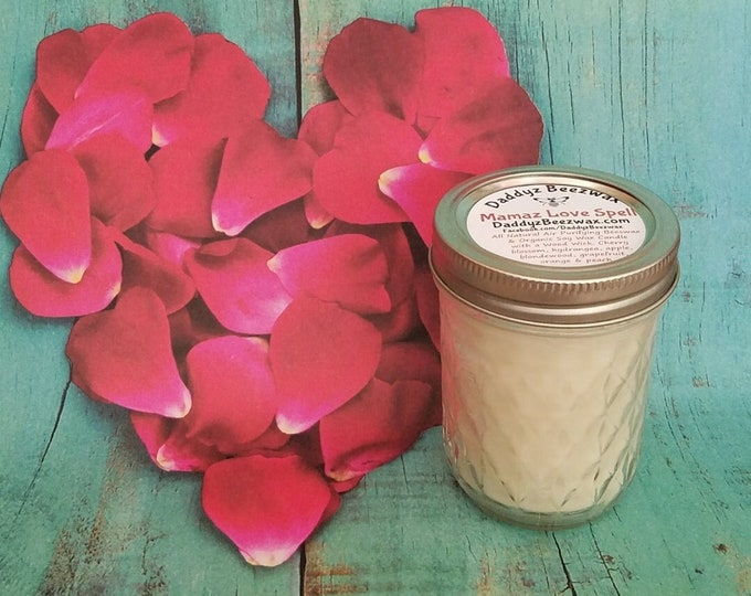 Mamaz Love Spell: 89z Scented All Natural Air Purifying Beeswax Coco Creme Candle With a Wood Wick in a 8oz Jar