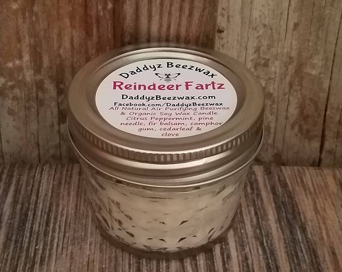 Reindeer Fartz: 4oz Scented All Natural Air Purifying Beeswax Coco Creme Candle With a Wood Wick in a Diamond Cut Mason Jar