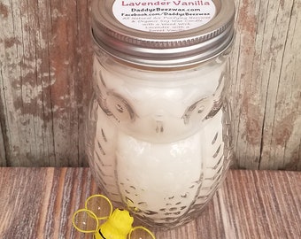 Lavender Vanilla: Scented All Natural Air Purifying Beeswax & Coco Crème Candle with Wood Wick in a 15oz Clear Glass Owl