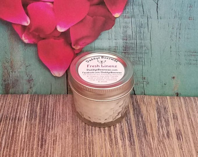 Fresh Linenz: 4 oz Essential Oil Scented Natural Beeswax Coco Creme Candle with Wood Wick in Diamond Cut Mason Jar