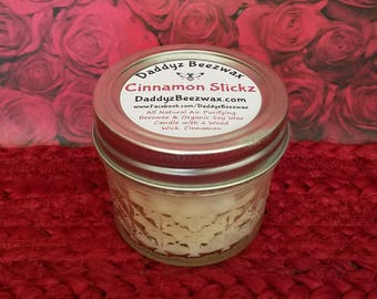 Cinnamon Stickz: 4 oz All Natural Beeswax Coco Creme Candle with a Wood Wick in a Diamond Cut Mason Jar
