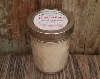 Reindeer Fartz: 8oz Scented All Natural Air Purifying Beeswax Coco Creme Candle With a Wood Wick in a Diamond Cut Mason Jar