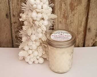 Fresh Snow Pinez: 8oz Scented All Natural Air Purifying Beeswax Coco Creme Candle With a Wood Wick in a 8oz Diamond Cut Mason Jar