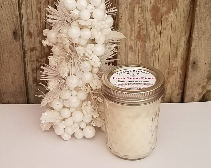 Fresh Snow Pinez: 8oz Scented All Natural Air Purifying Beeswax Coco Creme Candle With a Wood Wick in a 8oz Diamond Cut Mason Jar