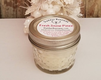 Fresh Snow Pinez: 4oz Scented All Natural Air Purifying Beeswax Coco Creme Candle With a Wood Wick in a 4oz Diamond Cut Mason Jar