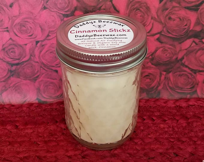 Cinnamon Stickz: All Natural Beeswax Coco Creme Candle with a Wood Wick in a Diamond Cut Mason Jar