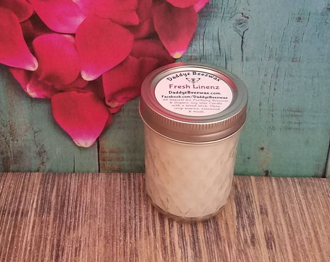 Fresh Linenz: 8 oz Essential Oil Scented Natural Beeswax Coco Creme Candle with Wood Wick in Diamond Cut Mason Jar