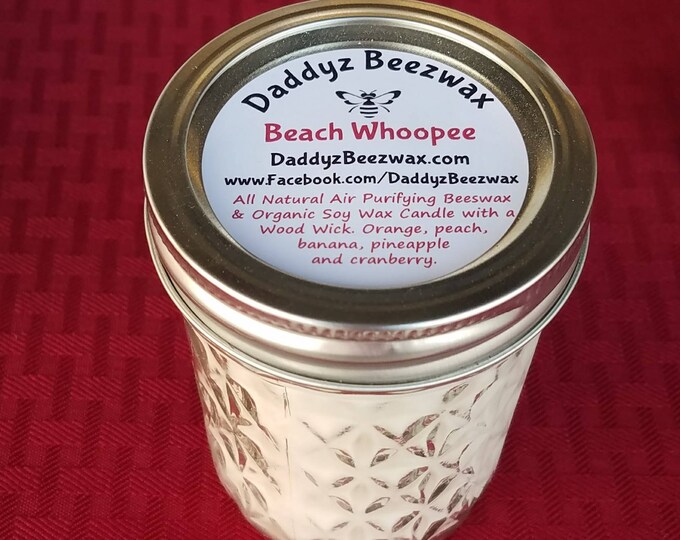 Beach Whoopee: Scented All Natural Beeswax & Coco Creme Wax Candle with a Wood Wick in a 8 oz Diamond Cut Mason Jar