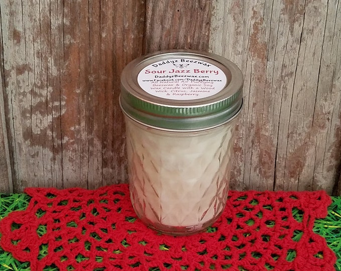 Sour Jazz Berry: 8oz All Natural Beeswax Coco Crème Wax Candle With a Wood Wick