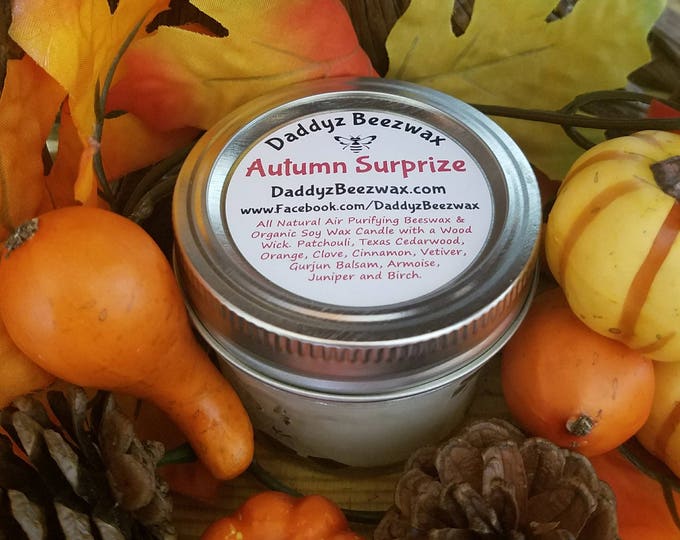 Autumn Surprize: 4oz Scented All Natural Air Purifying Beeswax Coco Creme Candle With a Wood Wick in a Diamond Cut Mason Jar