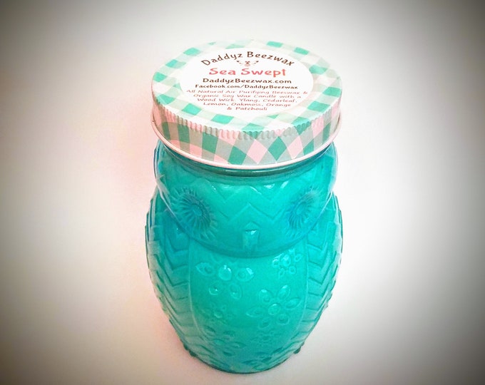 Sea Swept: 15oz Scented All Natural Air Purifying Beeswax Coco Crème Candle with Wood Wick in a blue glass owl