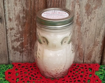 Sour Jazz Berry: 15 oz Scented Natural Air Purifying Beeswax & Coco Crème Wax Candle With a Wood Wick in a clear Owl Jar