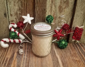 Candy Canez: 8oz Peppermint Scented All Natural Air Purifying Beeswax Coco Creme Candle With a Wood Wick in a Diamond Cut Mason Jar