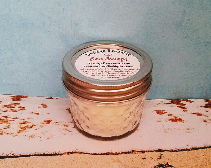 Sea Swept: Scented All Natural Air Purifying Beeswax Coco Creme Candle With a Wood Wick in a 4oz Diamond Cut Mason Jar