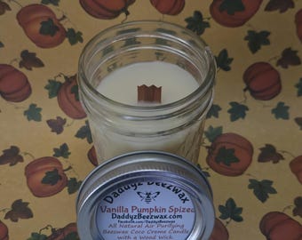 Vanilla Pumpkin Spized: Scented All Natural Air Purifying Beeswax & Organic Soy Wax Candle With a Wood Wick in a 8oz Diamond Cut Mason Jar