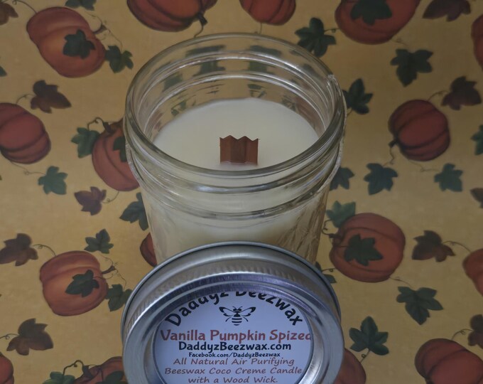 Vanilla Pumpkin Spized: Scented All Natural Air Purifying Beeswax & Organic Soy Wax Candle With a Wood Wick in a 8oz Diamond Cut Mason Jar