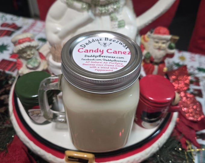 Candy Canez: Peppermint Scented Natural Air Purifying Beeswax Coco Creme Candle with Wood Wick in a 15oz Mason jar with handle