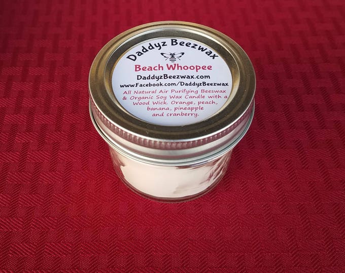Beach Whoopee: Scented All Natural Beeswax & Coco Creme Wax Candle With a Wood Wick in a 4 oz. Daimond Cut Mason Jar