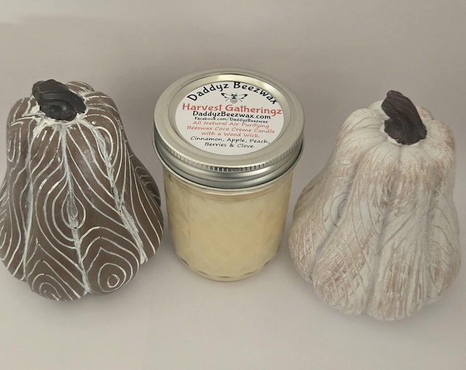 Harvest Gatheringz: 8 oz Ultra Strong Scented Natural Beeswax Coco Creme Candle With a Wood Wick in Daimond Cut Mason Jar