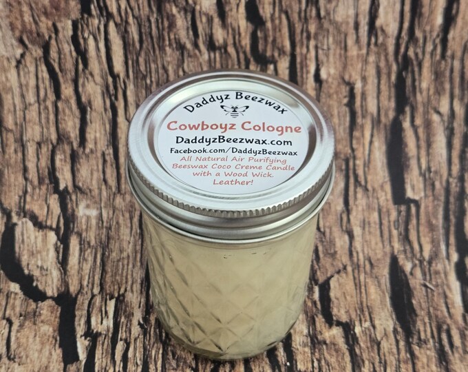 Cowboyz Cologne: 8 oz Ultra Strong Scented Natural Beeswax Coco Creme Candle with a Wood Wick in Diamond Cut Mason Jar