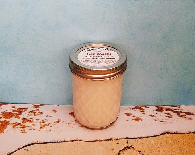 Sea Swept: Scented All Natural Air Purifying Beeswax Coco Creme Candle With a Wood Wick in a 8oz Diamond Cut Mason Jar