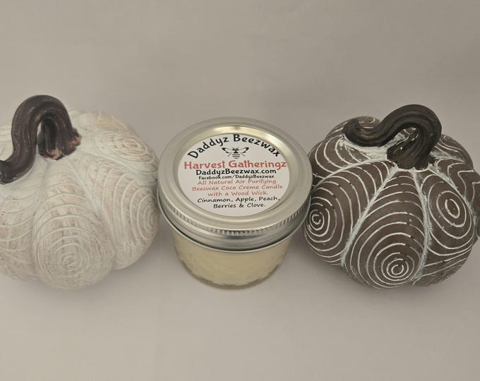 Harvest Gatheringz: 4 oz Ultra Strong Scented Natural Beeswax Coco Creme Candle With a Wood Wick in 4 oz. Daimond Cut Mason Jar