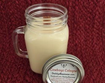 Cowboyz Cologne: Leather Scented All Natural Air Purifying Beeswax Coco Creme Candle with Wood Wick in a 15oz Glass Mug